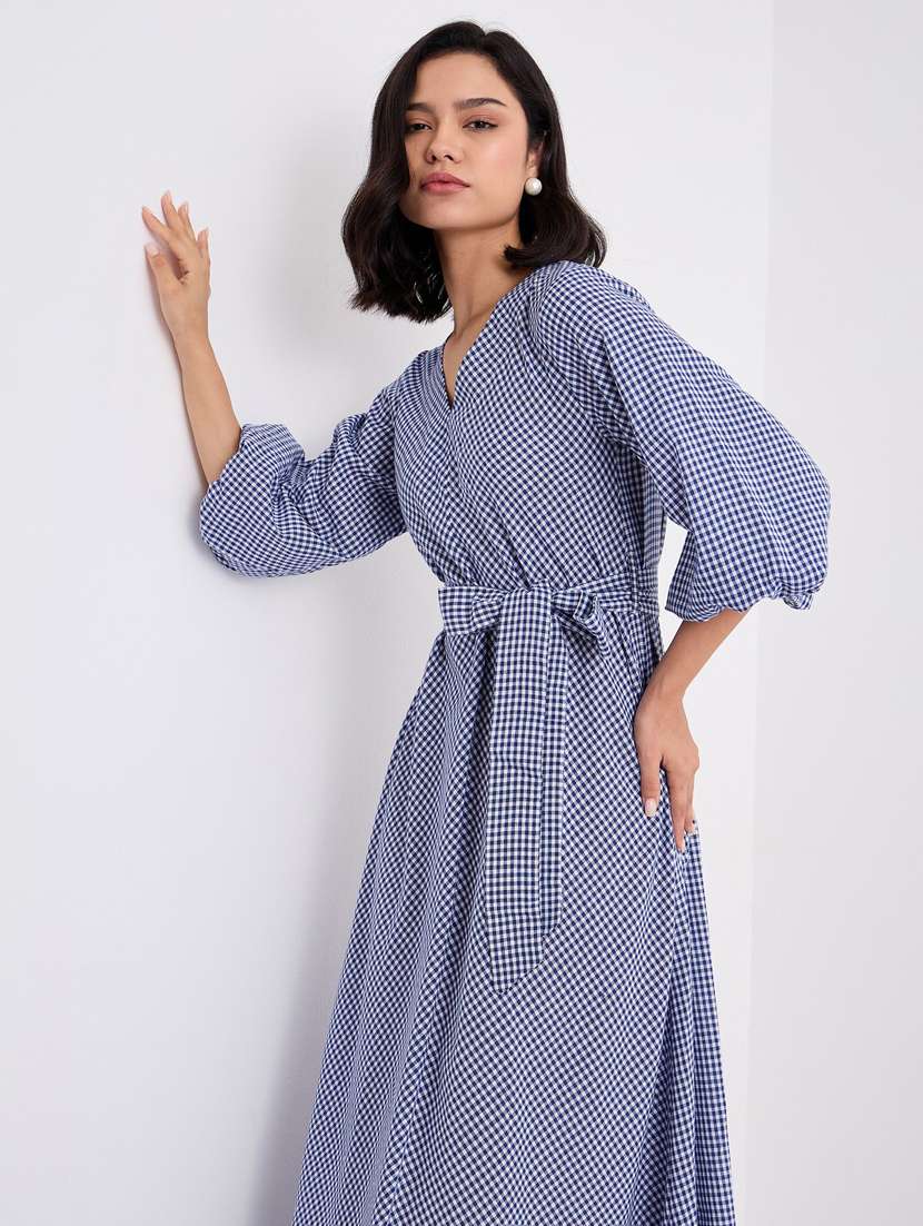 women checkered puff sleeve belted a-line dress - 22083504 -  Standard Image - 4
