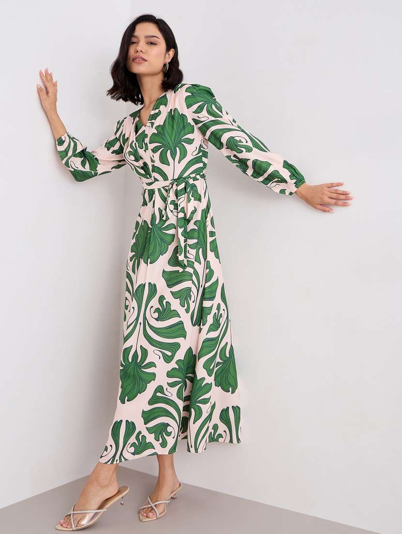 women printed puff sleeve belted a-line dress - 22083506 -  Standard Image - 1