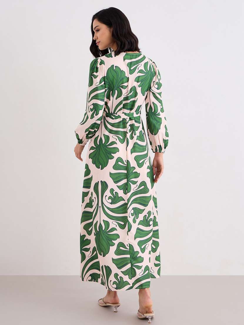 women printed puff sleeve belted a-line dress - 22083506 -  Standard Image - 4