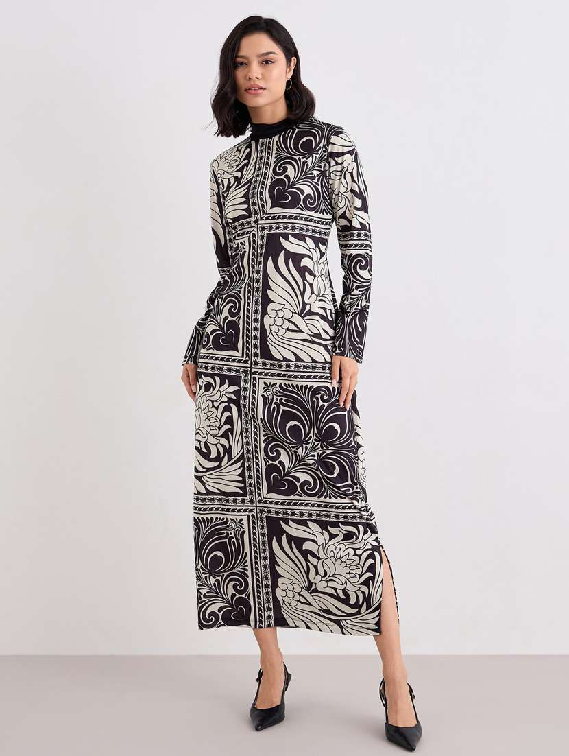 women printed mock neck long sleeve sheath  dress - 22083507 -  Standard Image - 1