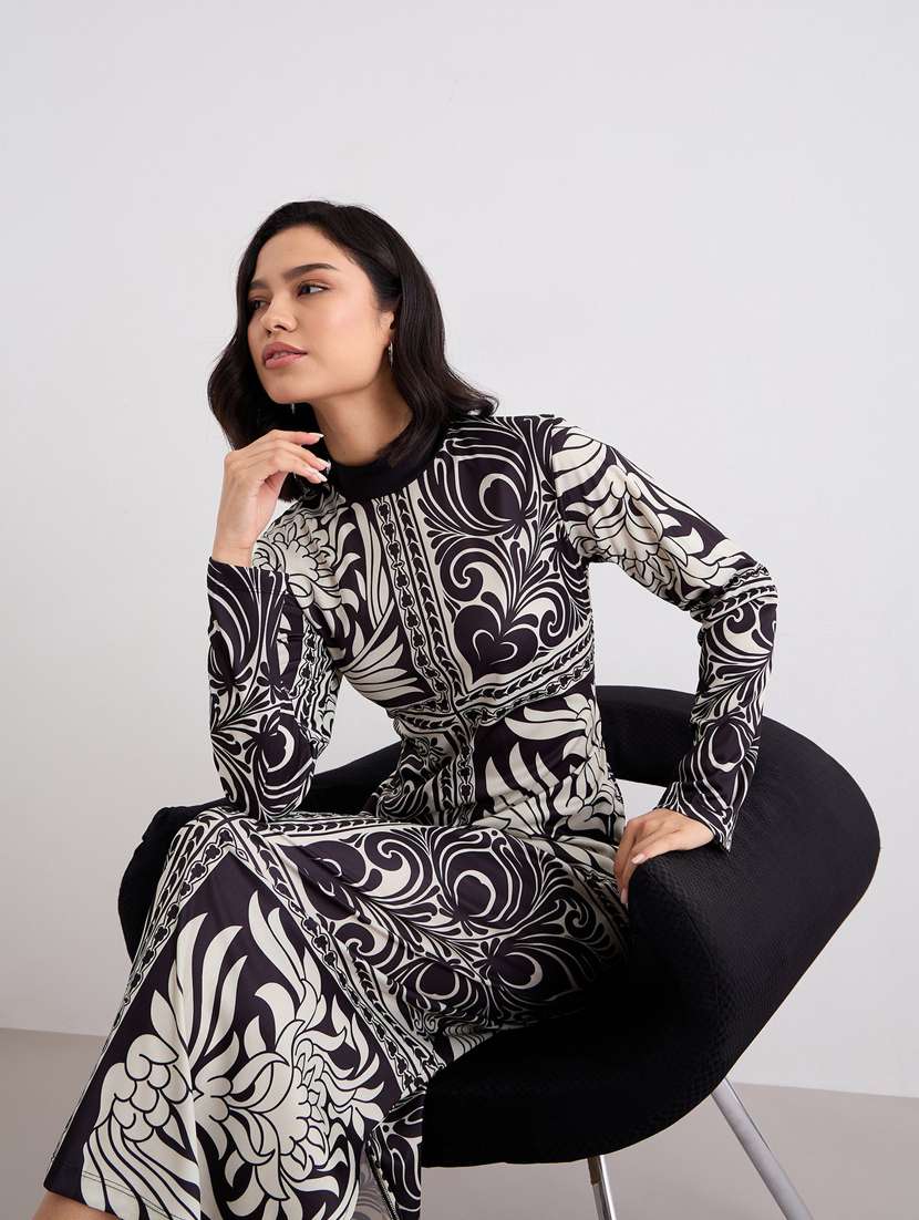 women printed mock neck long sleeve sheath  dress - 22083507 -  Standard Image - 4