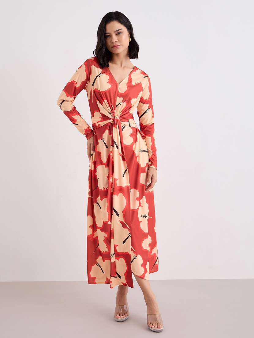 women printed long sleeve wrap maxi dress