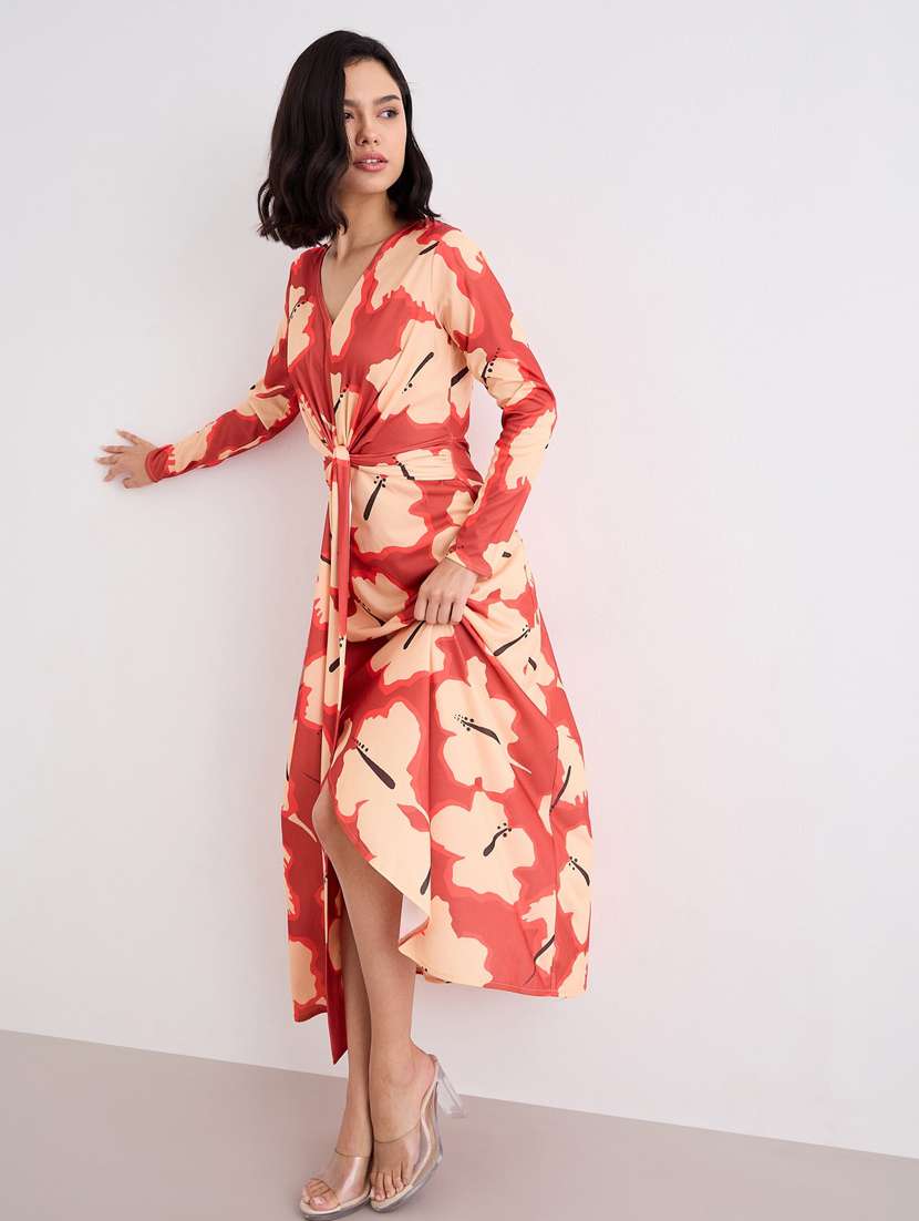 women printed long sleeve wrap maxi dress - 22083508 - Standard Image - 1