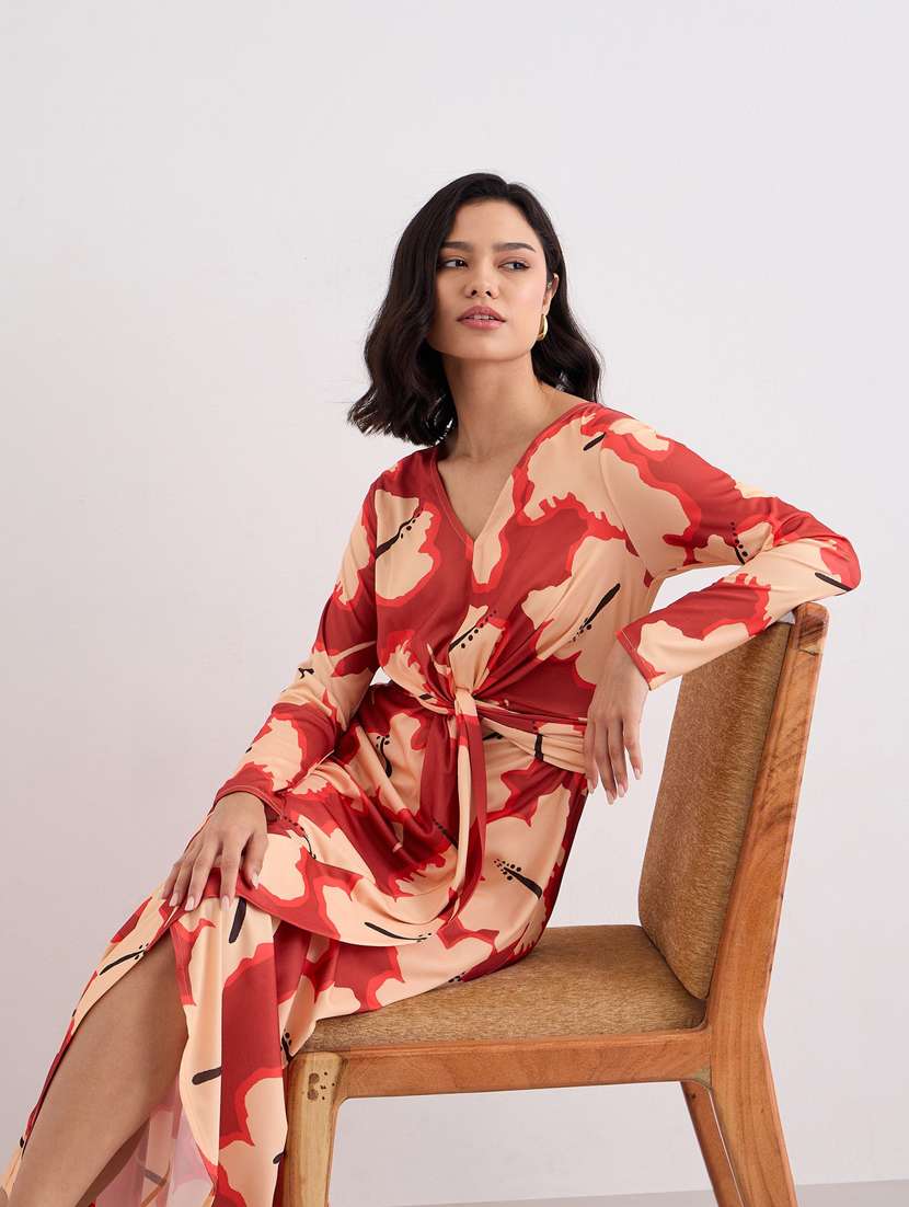 women printed long sleeve wrap maxi dress - 22083508 - Standard Image - 4