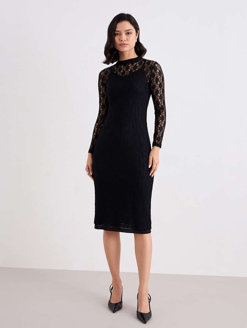 women black long sleeve lace dress with slip