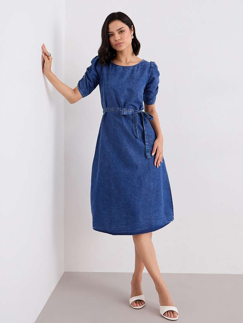 women solid puff sleeve denim a-line dress