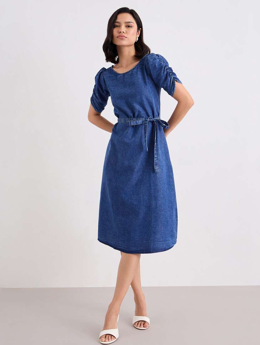 women solid puff sleeve denim a-line dress - 22083512 -  Standard Image - 1