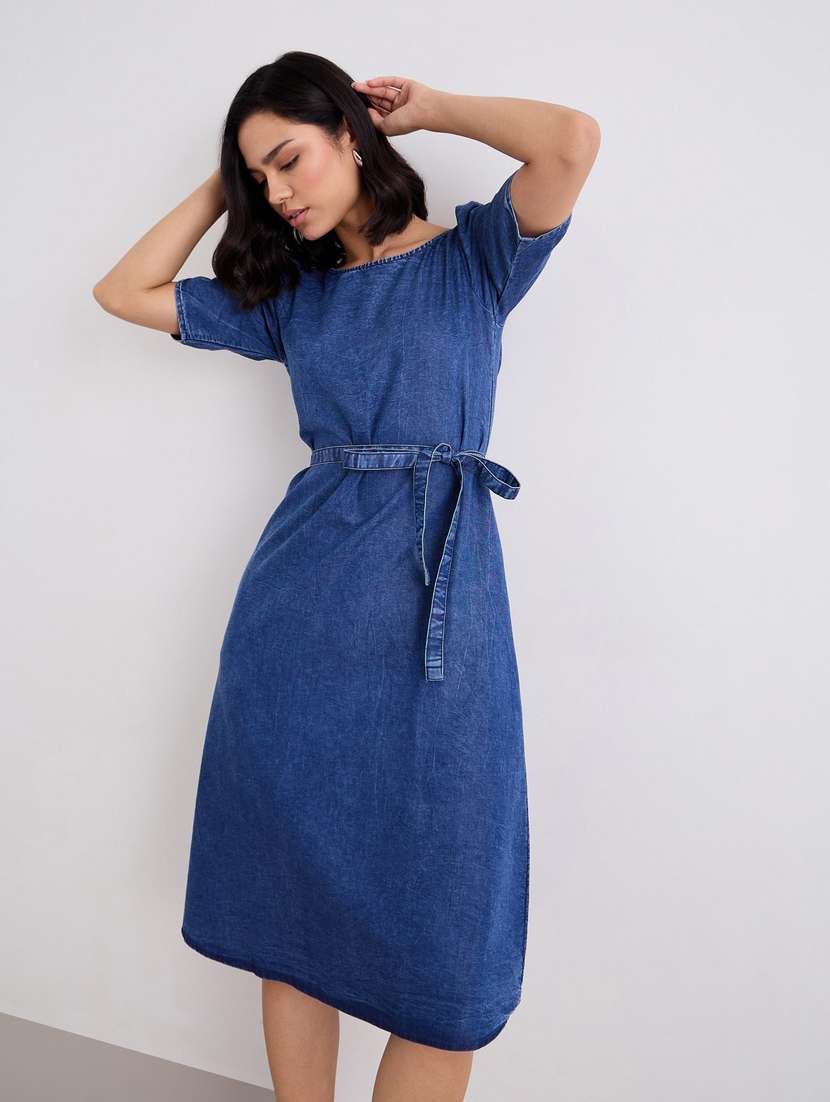 women solid puff sleeve denim a-line dress - 22083512 -  Standard Image - 4