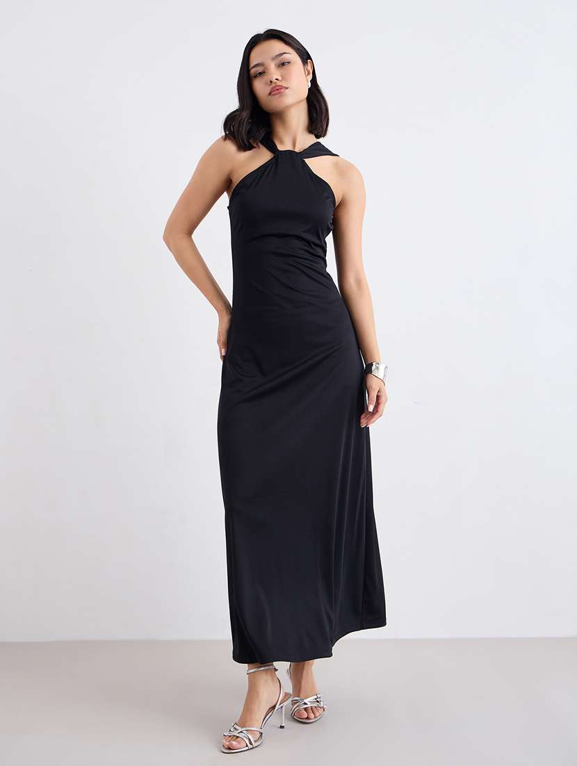 women black solid halter neck sleeveless a-line dress
