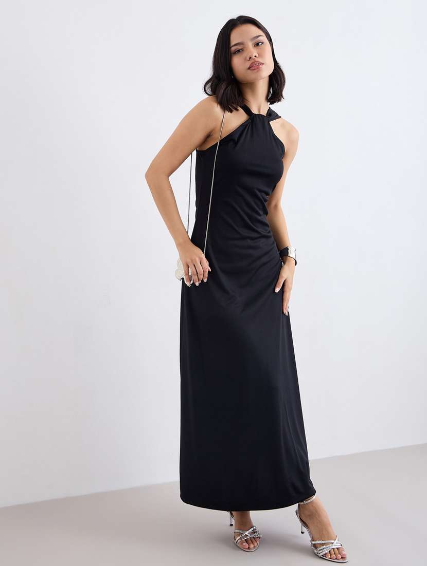 women black solid halter neck sleeveless a-line dress - 22083513 -  Standard Image - 1