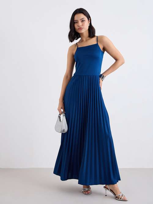 women blue solid shoulder strap a-line dress - 22083514 - Standard Image - 0