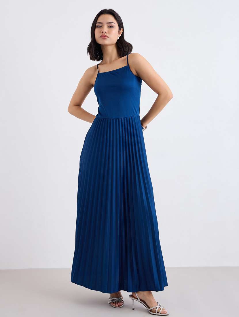 women blue solid shoulder strap a-line dress - 22083514 -  Standard Image - 1