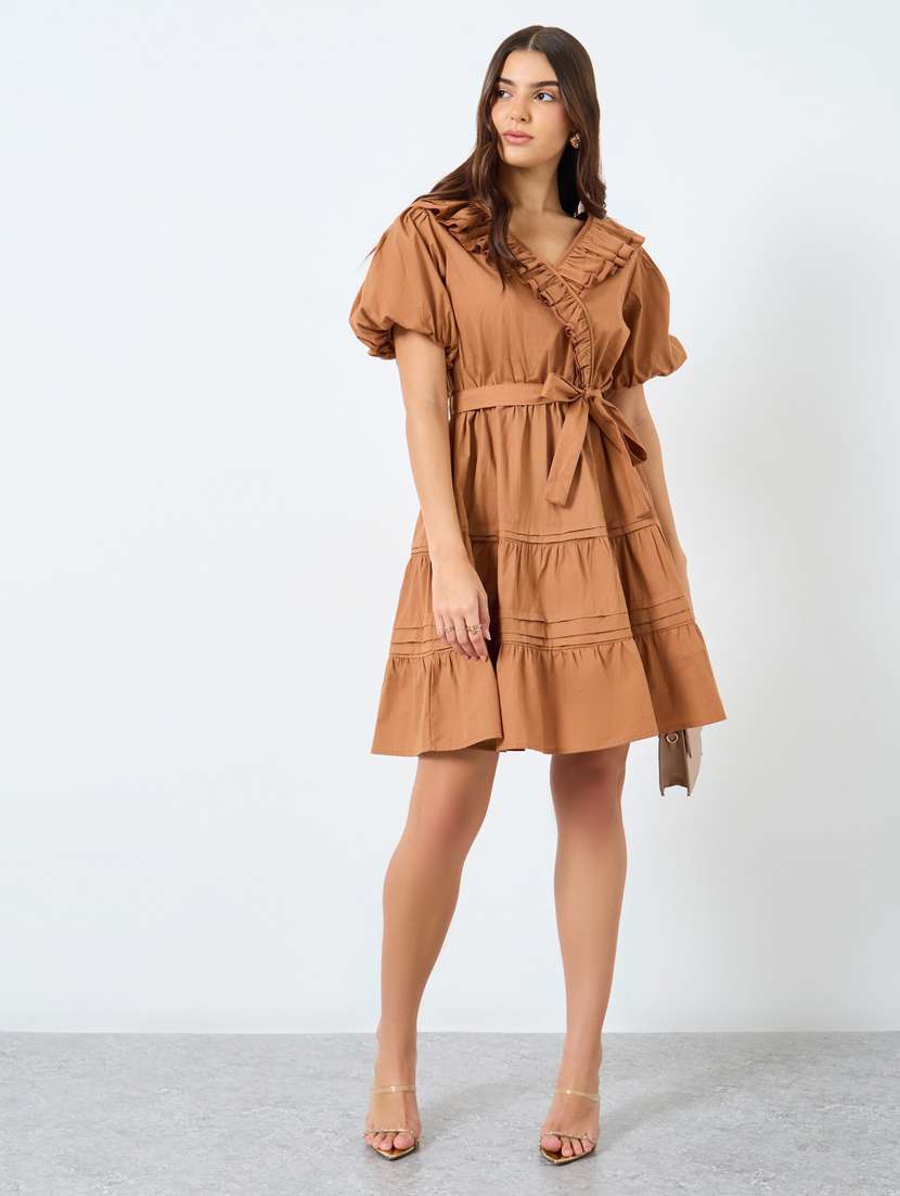 women solid puff sleeve tiered dress - 22083519 -  Standard Image - 1