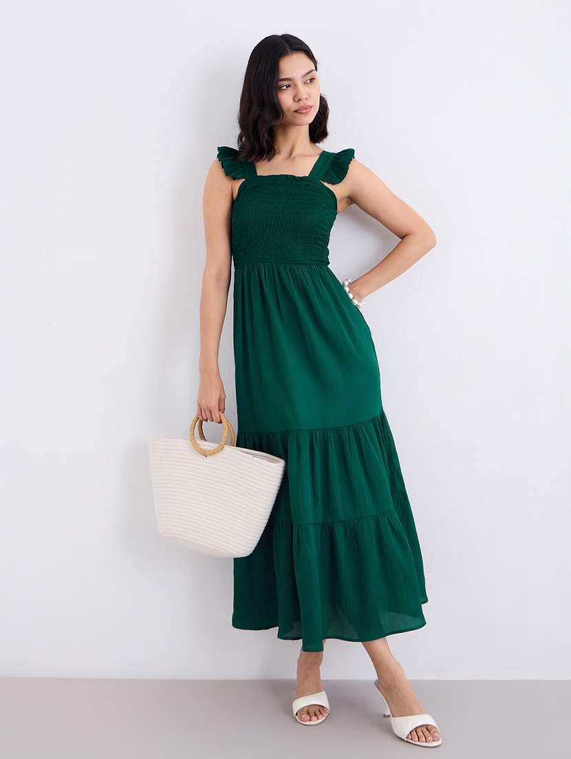 women solid sleeveless smocked tiered dress