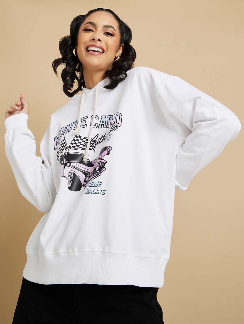 white cotton front print sweatshirt
