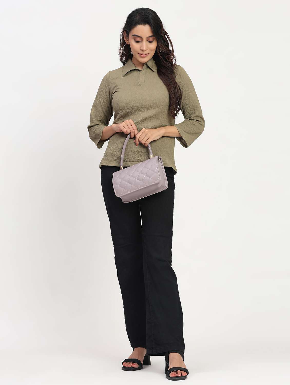 women solid three quarter sleeve collaerd shirt top - 22083548 - Standard Image - 4