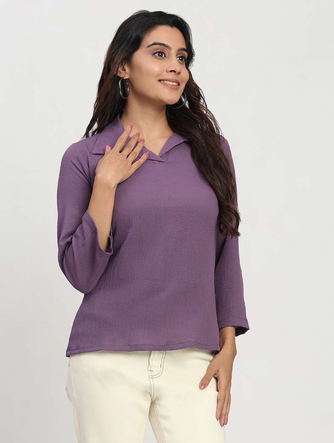 women solid three quarter sleeve collaerd shirt top - 22083549 -  Standard Image - 1