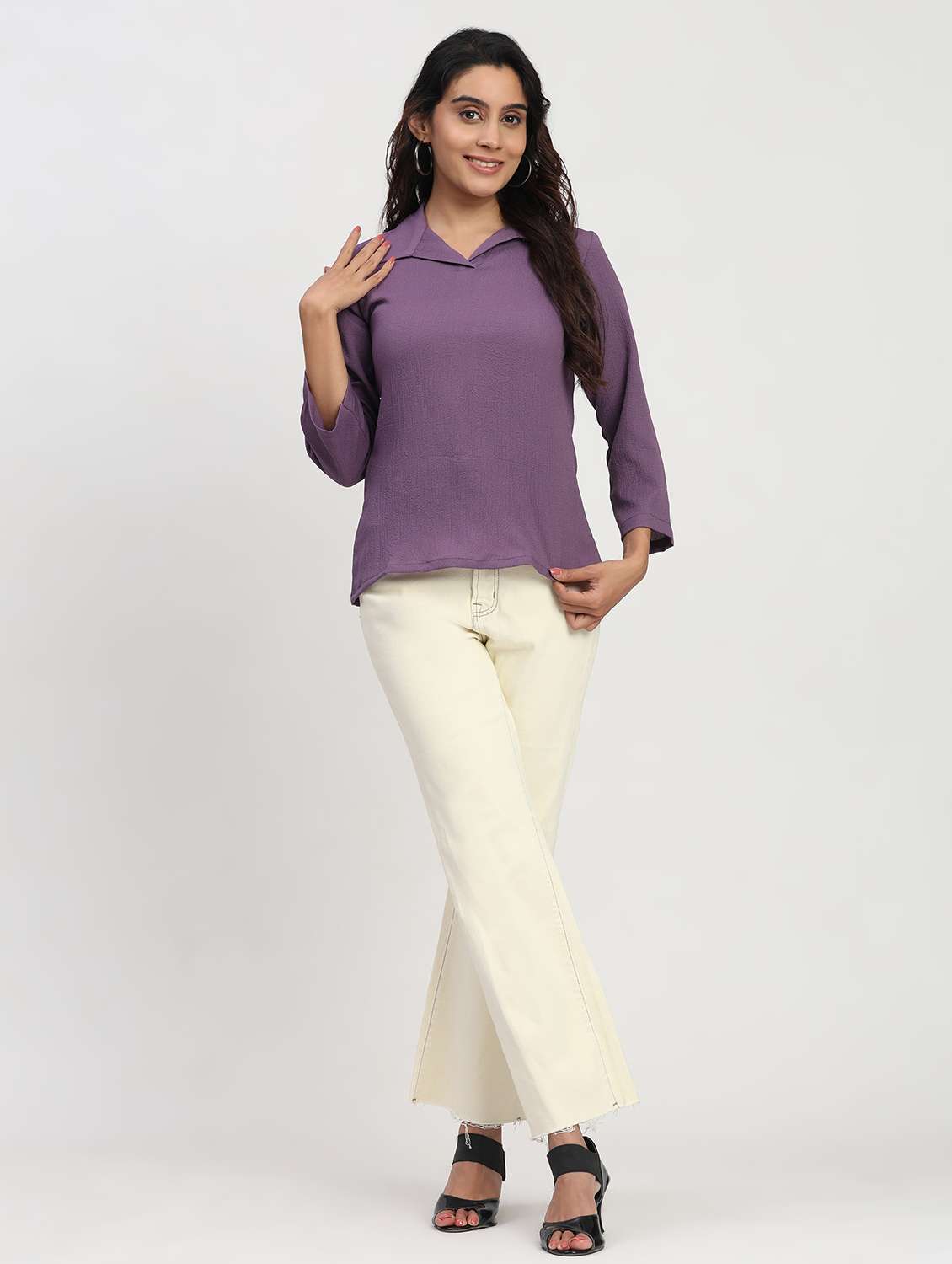 women solid three quarter sleeve collaerd shirt top - 22083549 - Standard Image - 4