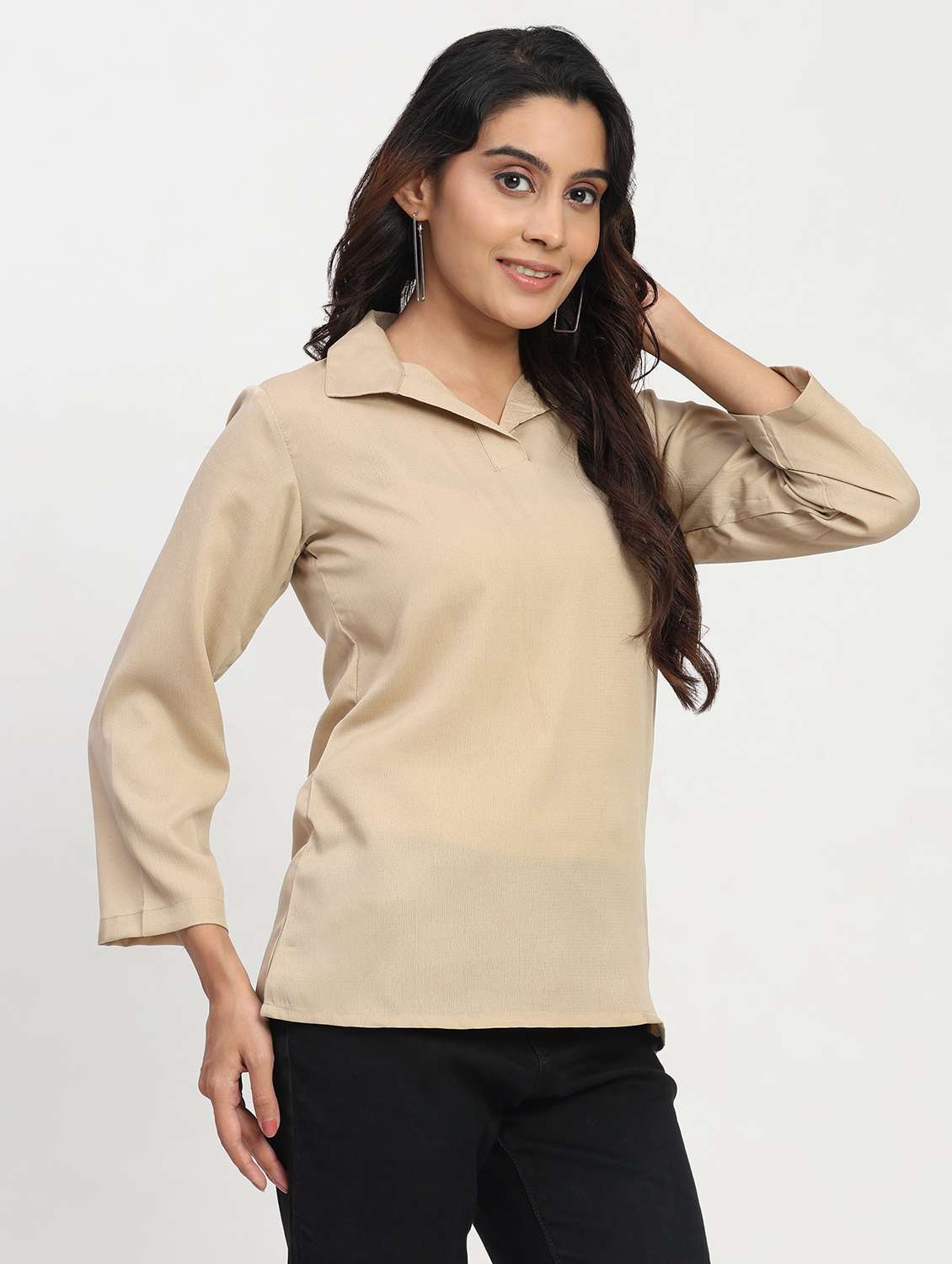 women solid three quarter sleeve collaerd shirt top - 22083552 -  Standard Image - 1