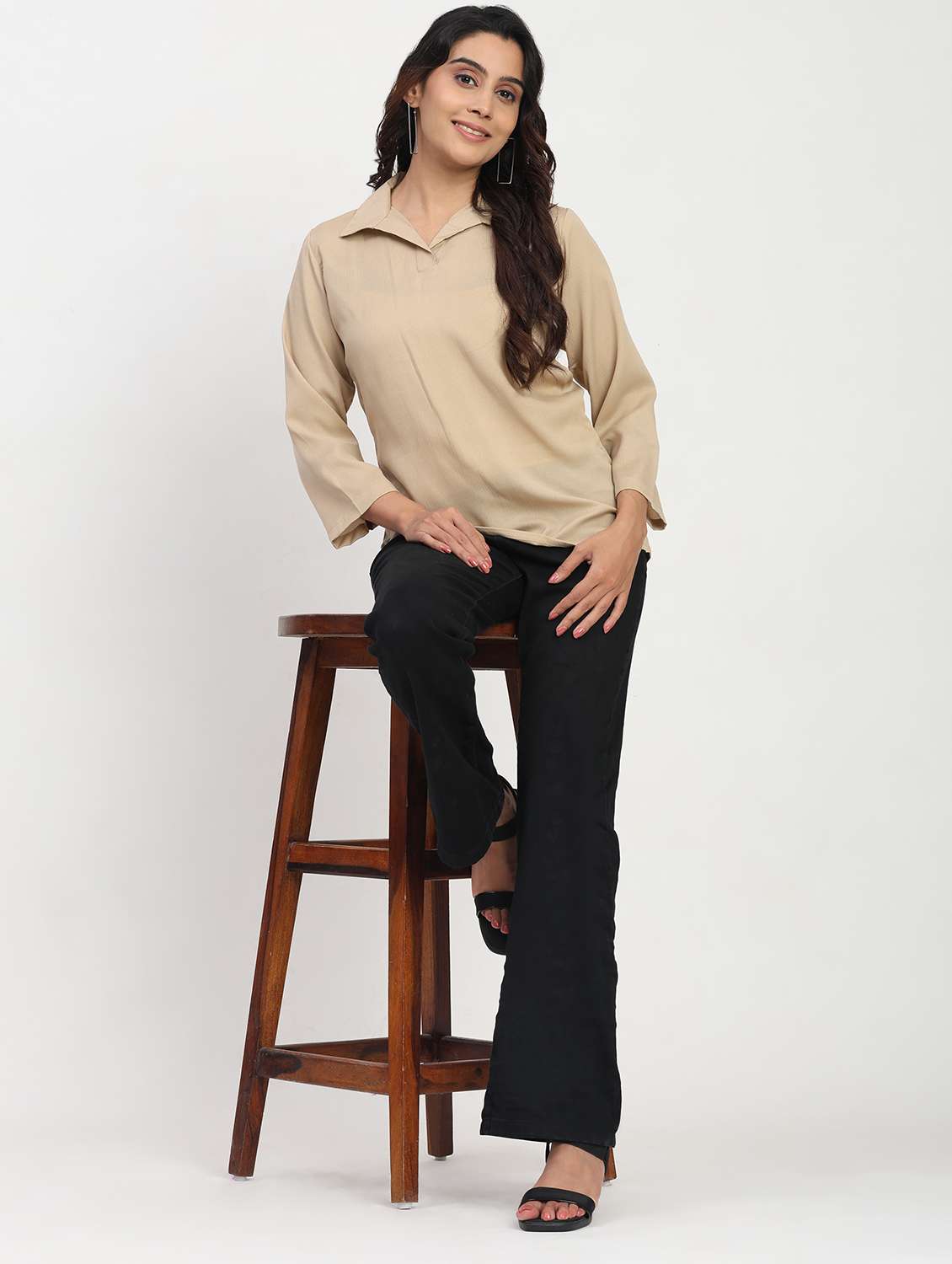 women solid three quarter sleeve collaerd shirt top - 22083552 - Standard Image - 4