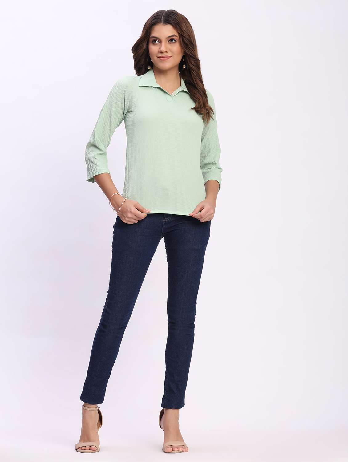 women solid three quarter sleeve collaerd shirt top - 22083553 - Standard Image - 4
