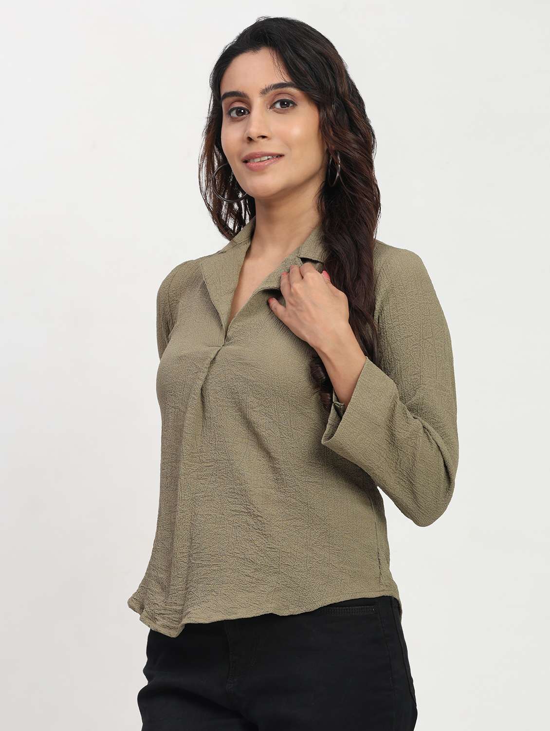 women solid long sleeve lapel collar shirt top - 22083554 - Standard Image - 1