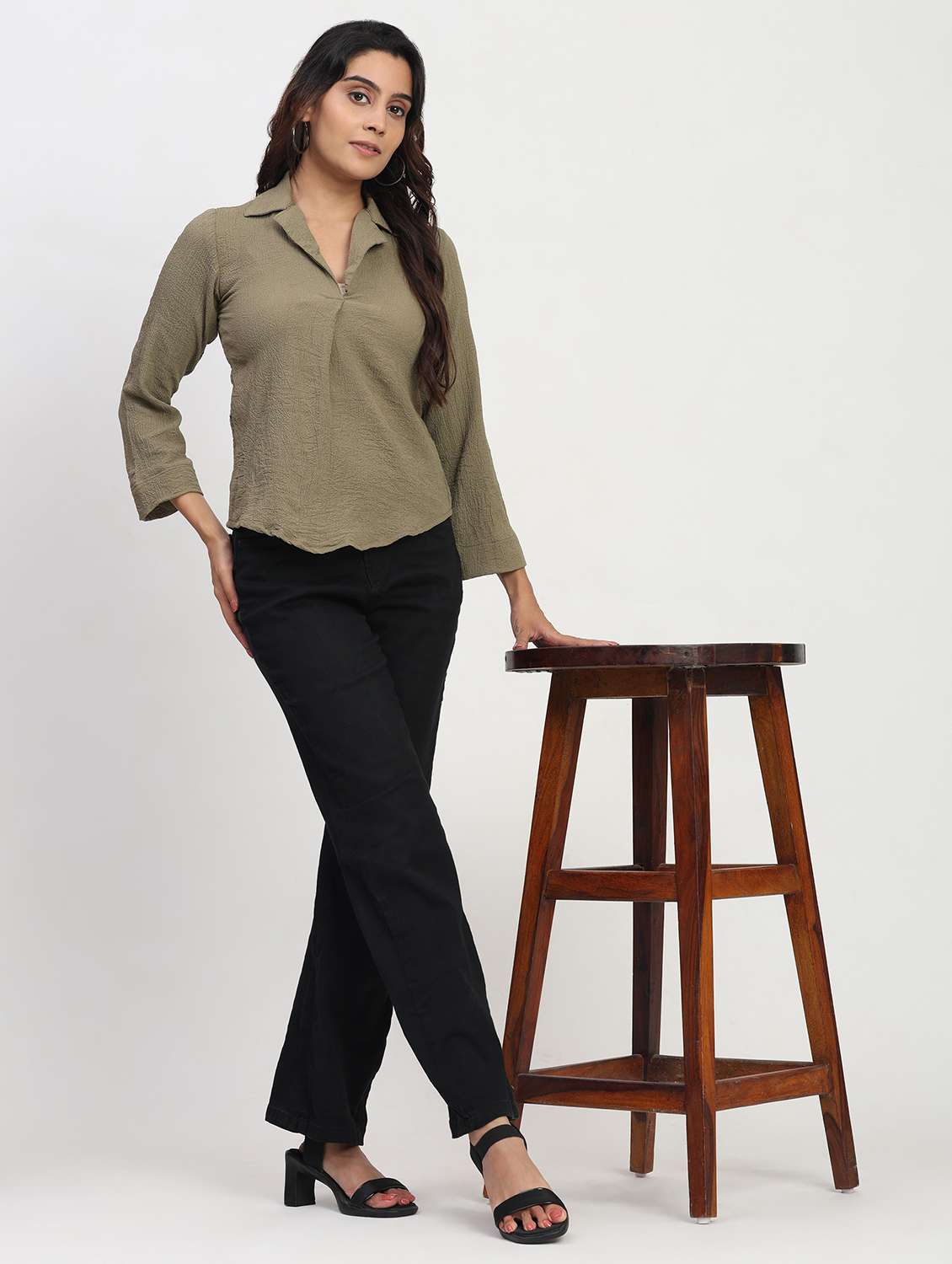 women solid long sleeve lapel collar shirt top - 22083554 - Standard Image - 4