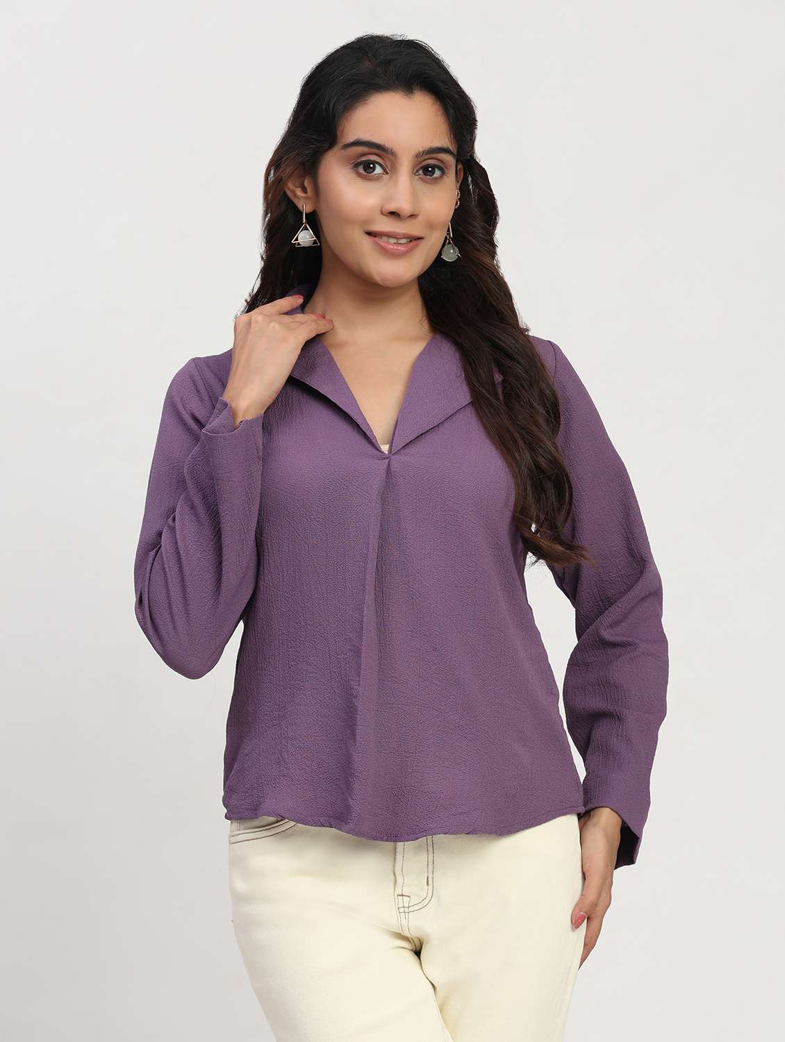 women solid long sleeve lapel collar shirt top