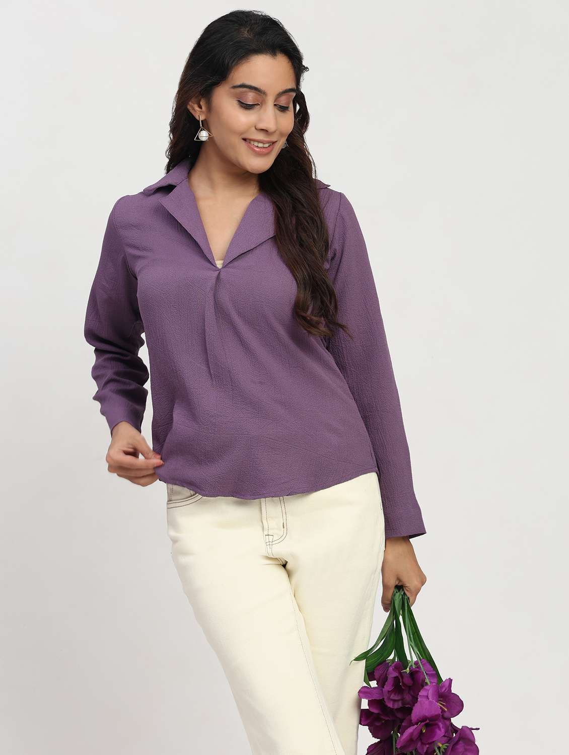 women solid long sleeve lapel collar shirt top - 22083555 - Standard Image - 1