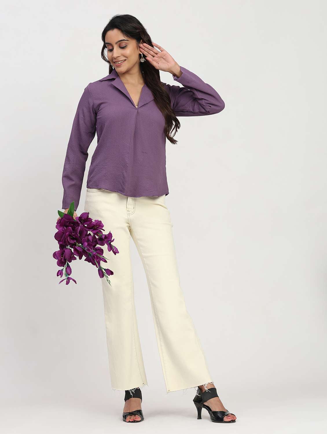 women solid long sleeve lapel collar shirt top - 22083555 - Standard Image - 4