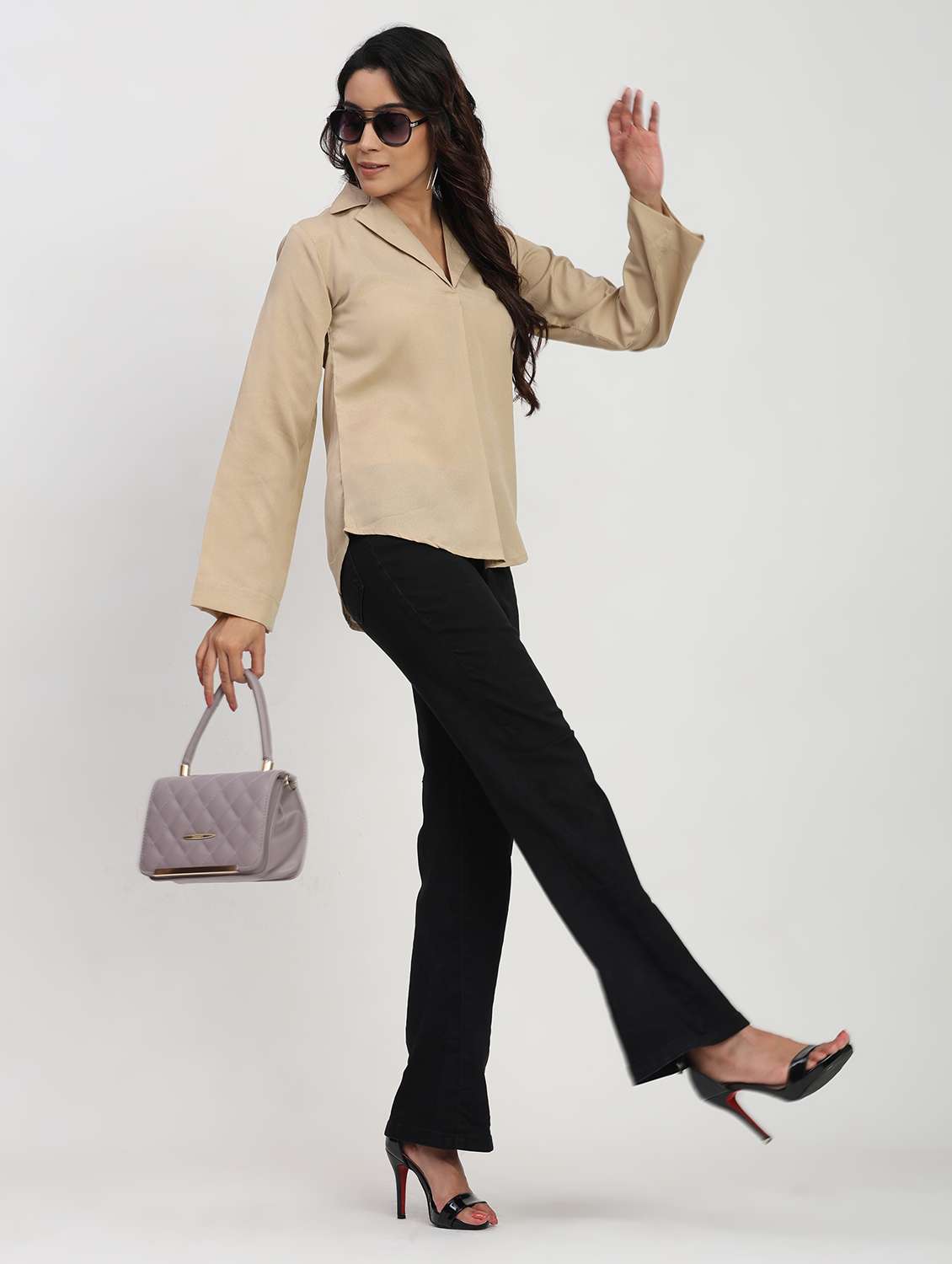 women solid long sleeve lapel collar shirt top - 22083557 - Standard Image - 4