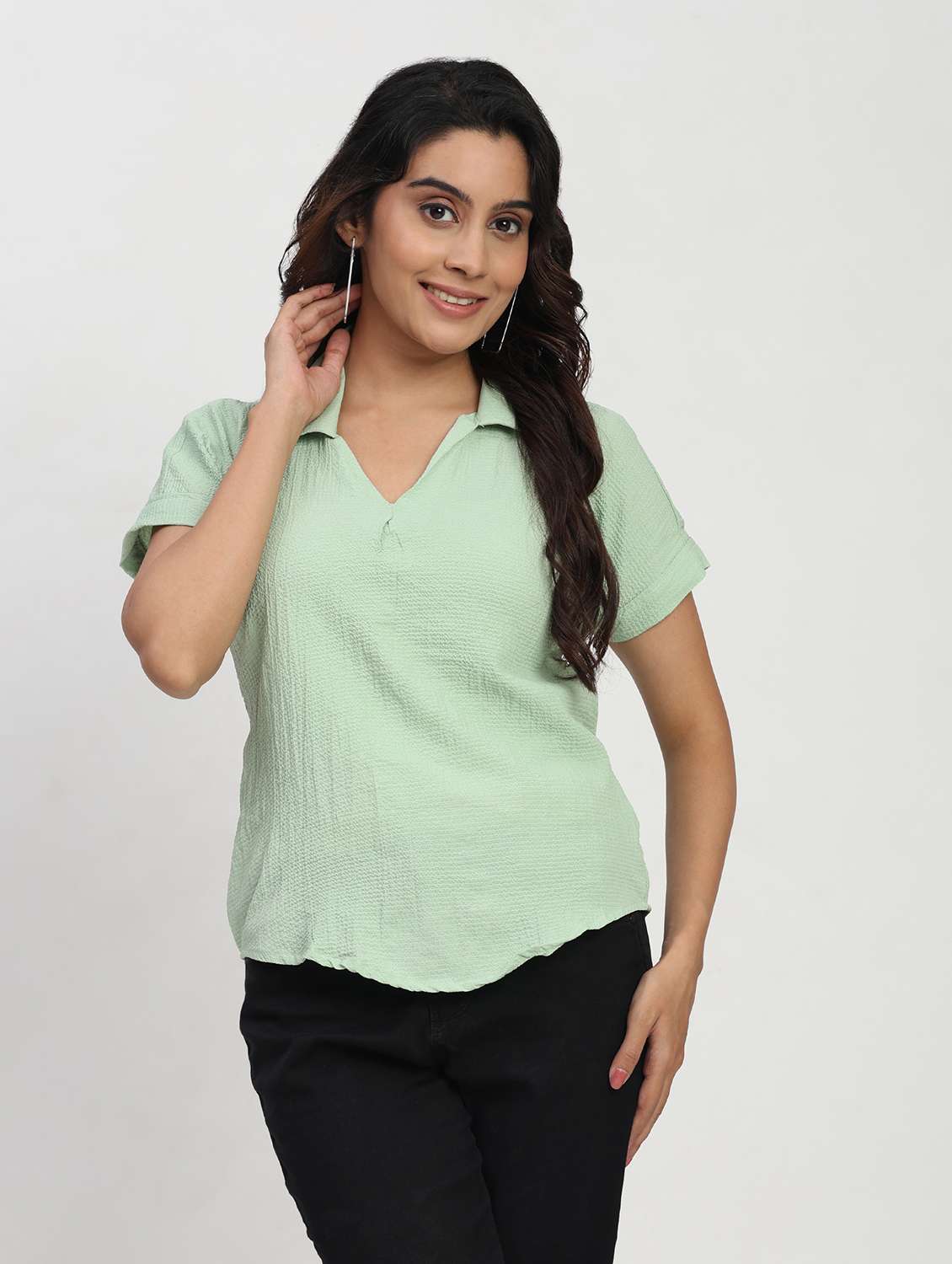 women solid short sleeve collared shirt top - 22083559 -  Standard Image - 1