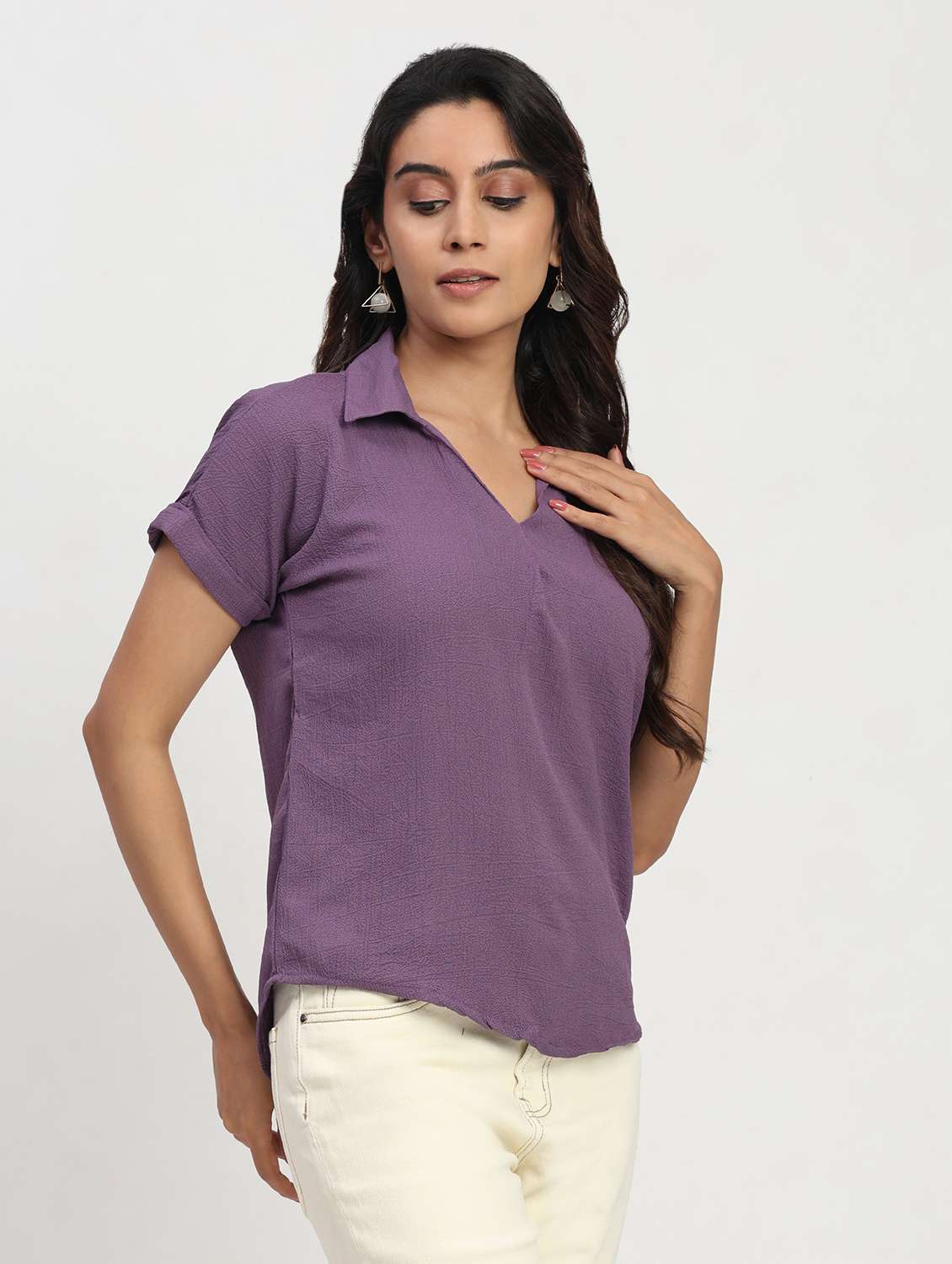 women solid short sleeve collared shirt top - 22083560 -  Standard Image - 1