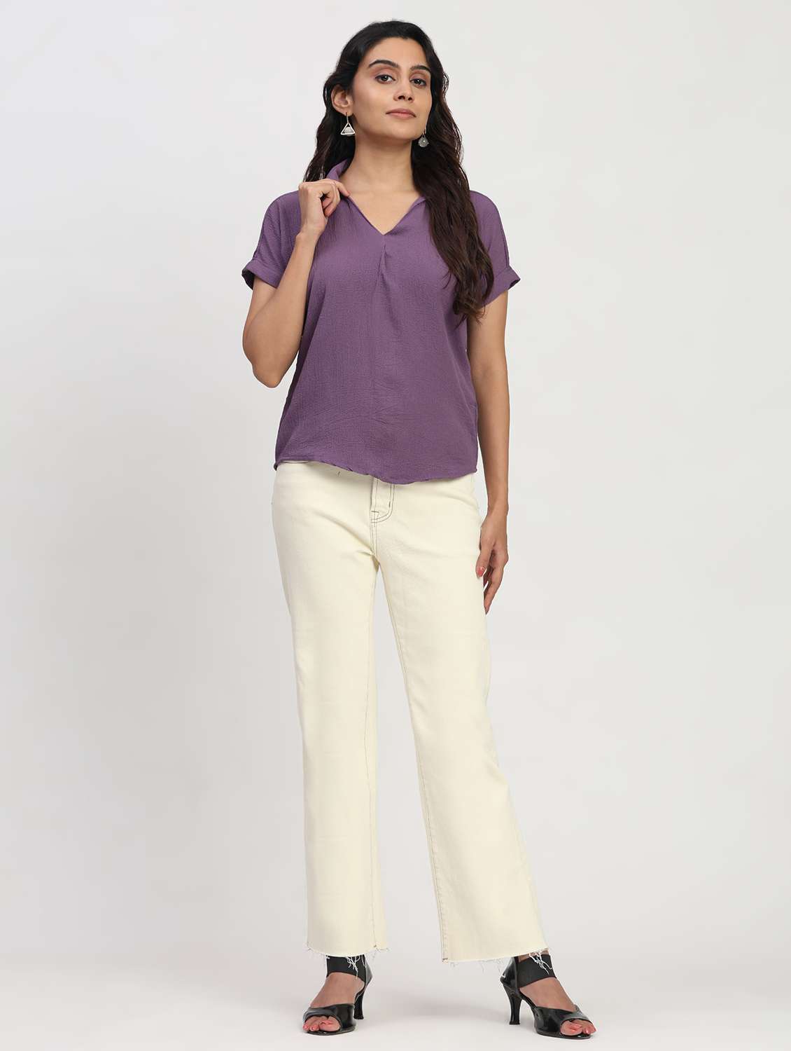 women solid short sleeve collared shirt top - 22083560 - Standard Image - 4