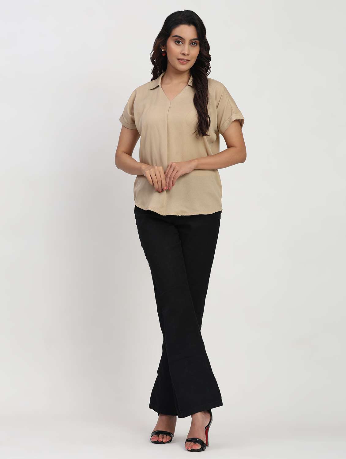 women solid short sleeve collared shirt top - 22083561 - Standard Image - 4