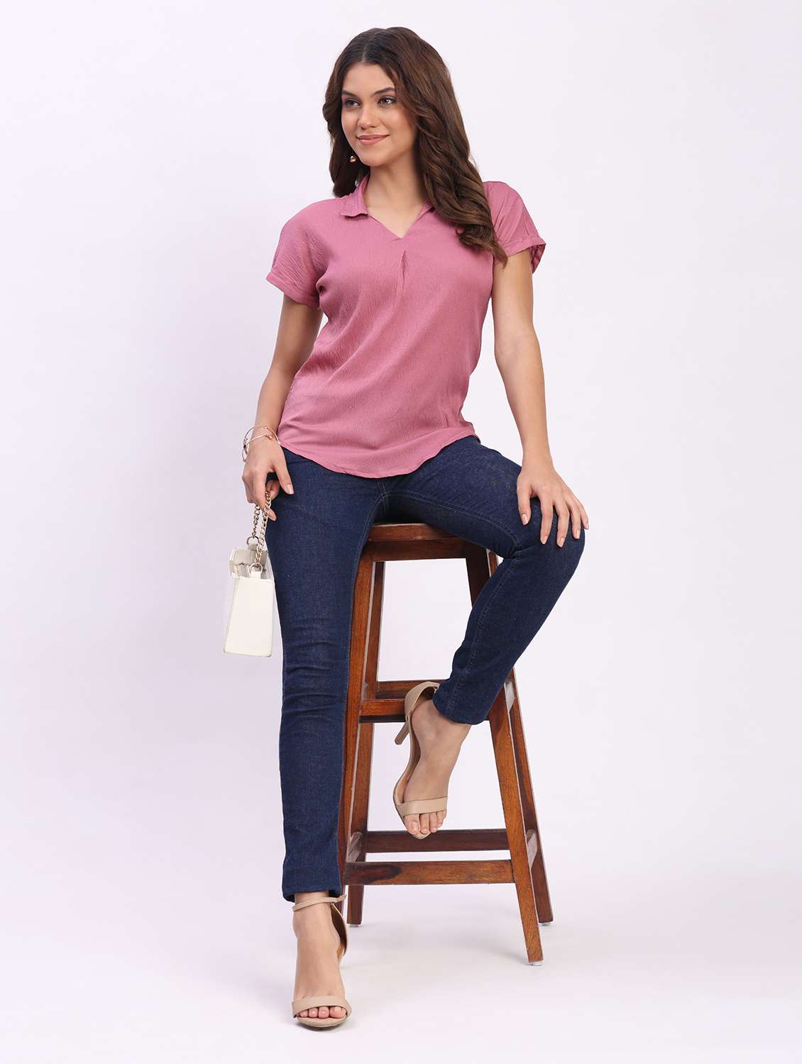women solid short sleeve collared shirt top - 22083562 - Standard Image - 4