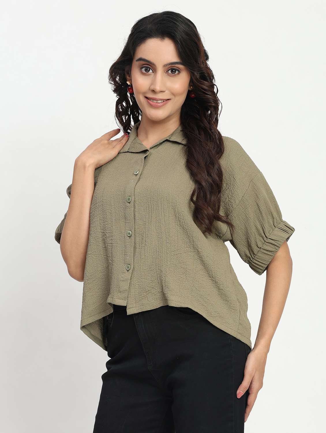 women solid puff sleeve collared shirt top - 22083564 -  Standard Image - 1