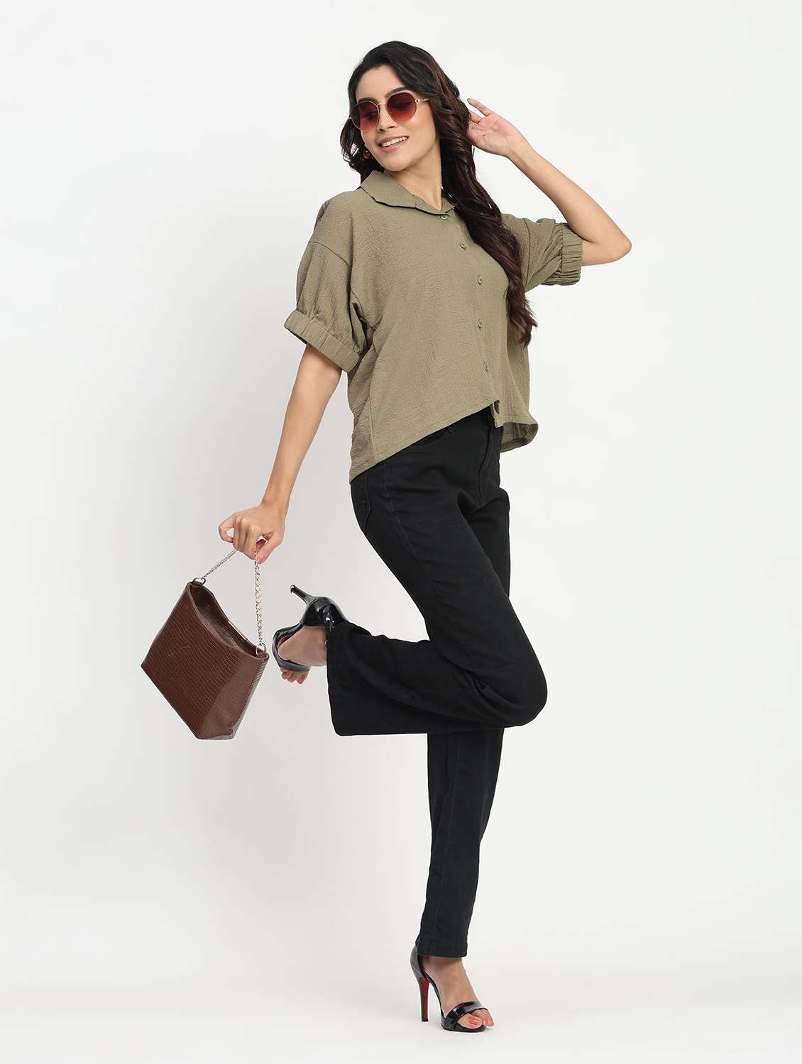 women solid puff sleeve collared shirt top - 22083564 - Standard Image - 4