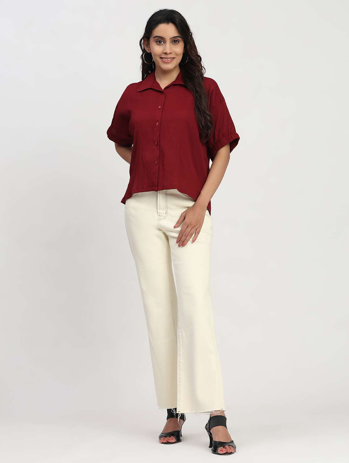 women solid short sleeve collared shirt top - 22083565 - Standard Image - 4