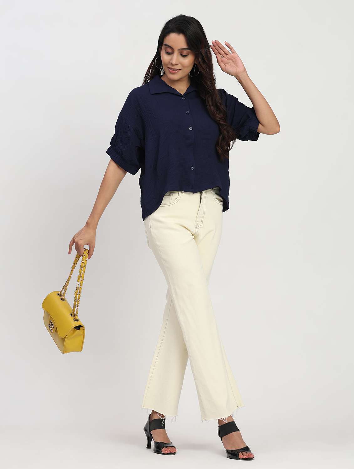 women solid short sleeve collared shirt top - 22083566 - Standard Image - 4