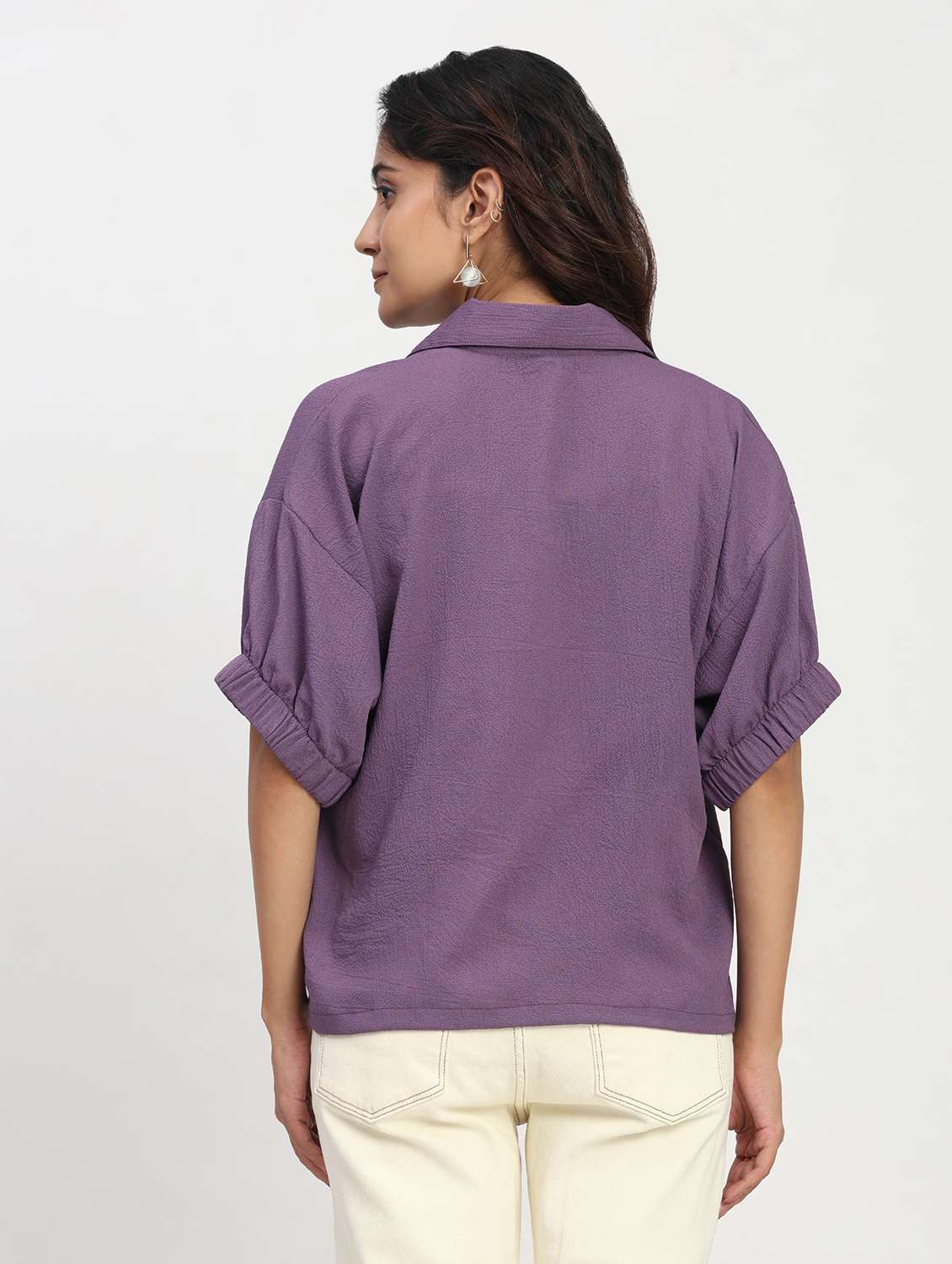 women solid short sleeve collared shirt top - 22083567 - Standard Image - 4