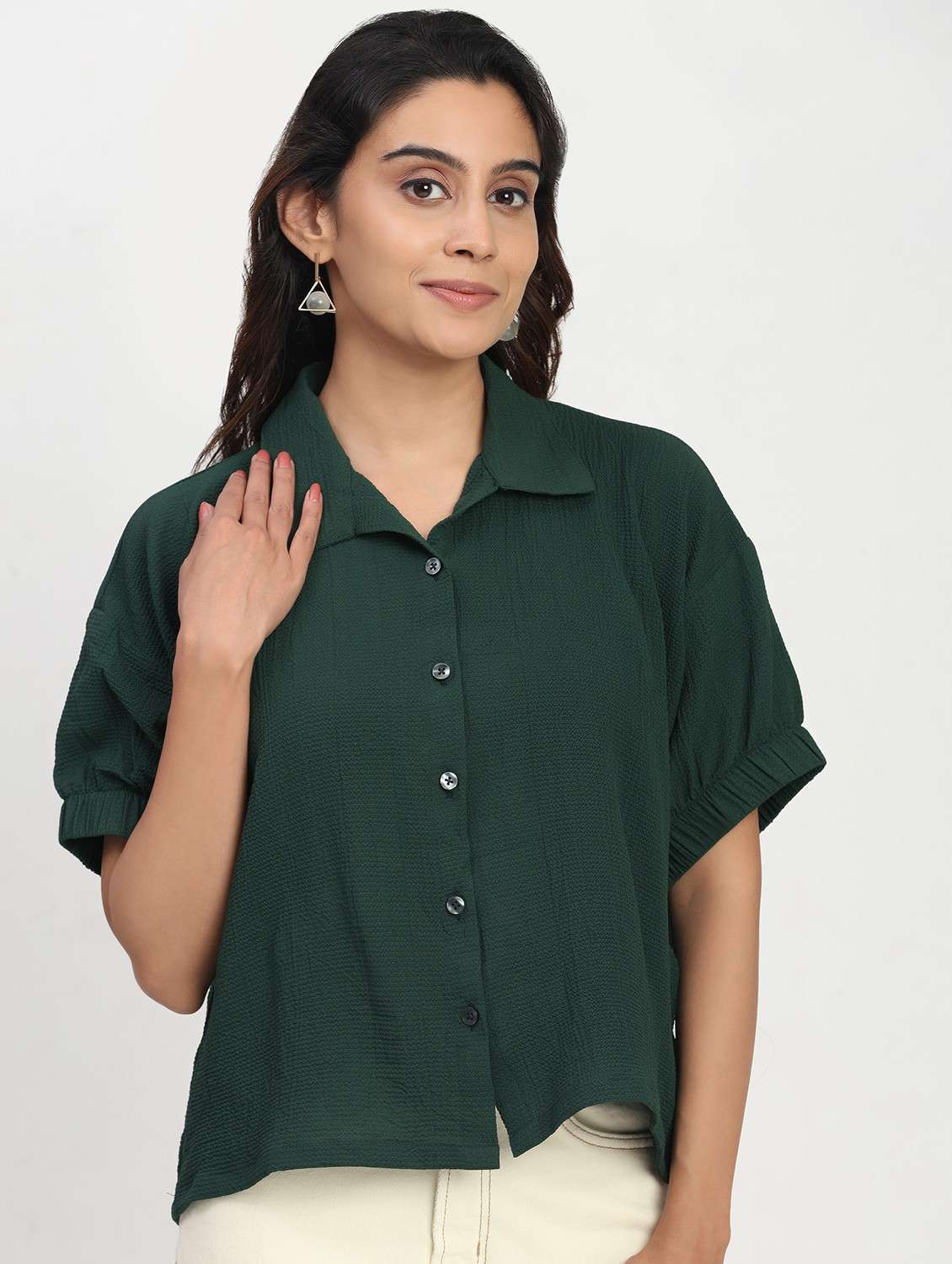 women solid short sleeve collared shirt top - 22083568 - Standard Image - 1