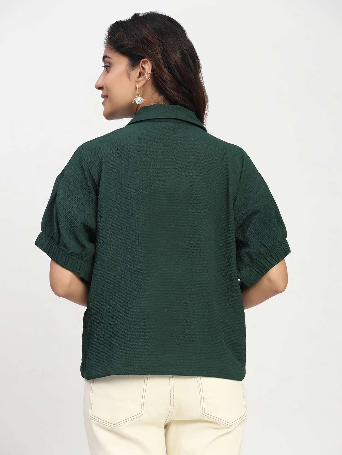 women solid short sleeve collared shirt top - 22083568 - Standard Image - 4