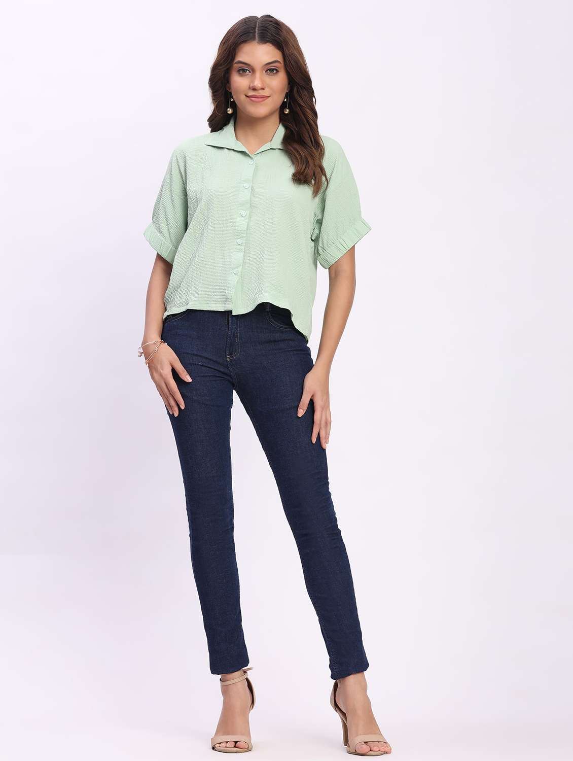women solid short sleeve collared shirt top - 22083569 - Standard Image - 4