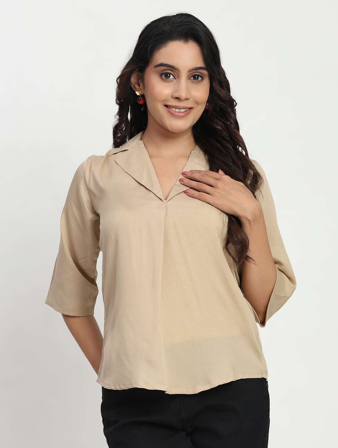 women solid three quarter sleeve lapel collar shirt top - 22083571 - Standard Image - 1