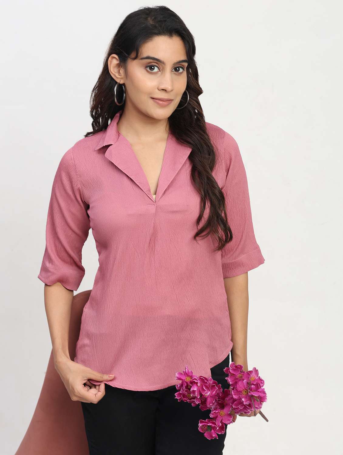 women solid short sleeve lapel collar shirt top