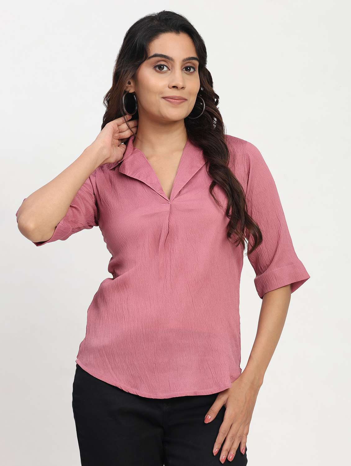 women solid short sleeve lapel collar shirt top - 22083572 - Standard Image - 1