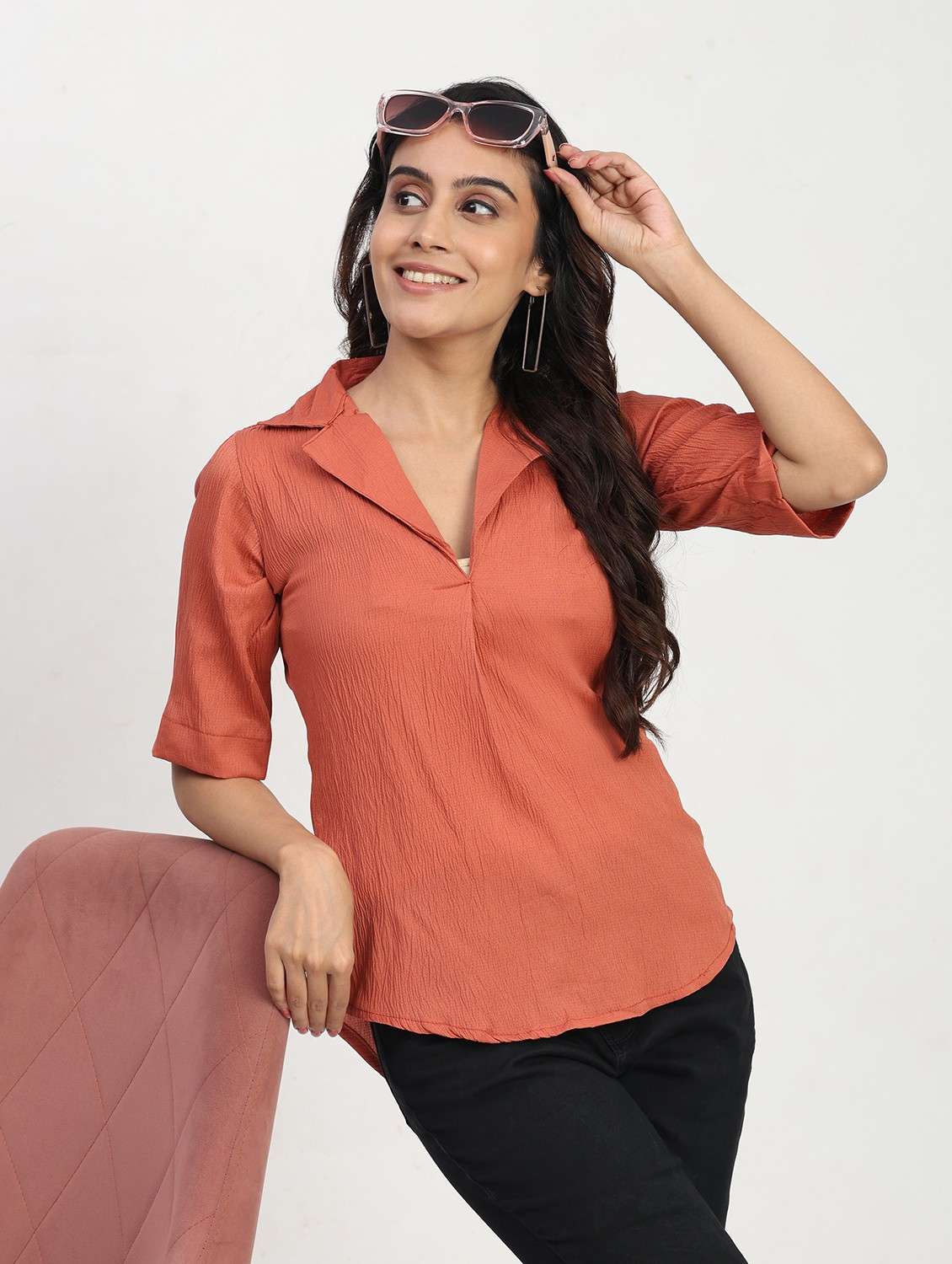 women solid short sleeve lapel collar shirt top