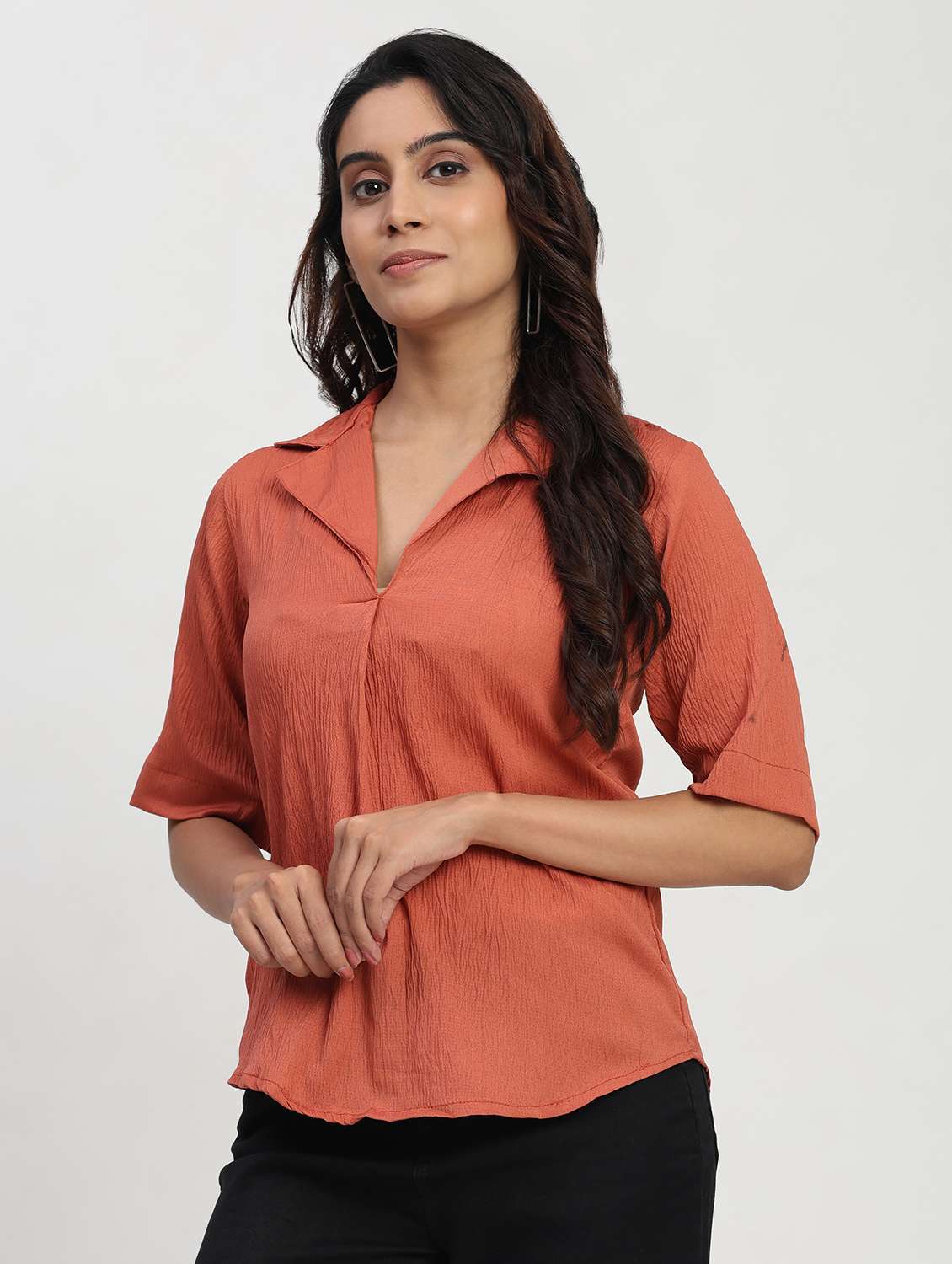 women solid short sleeve lapel collar shirt top - 22083573 - Standard Image - 1
