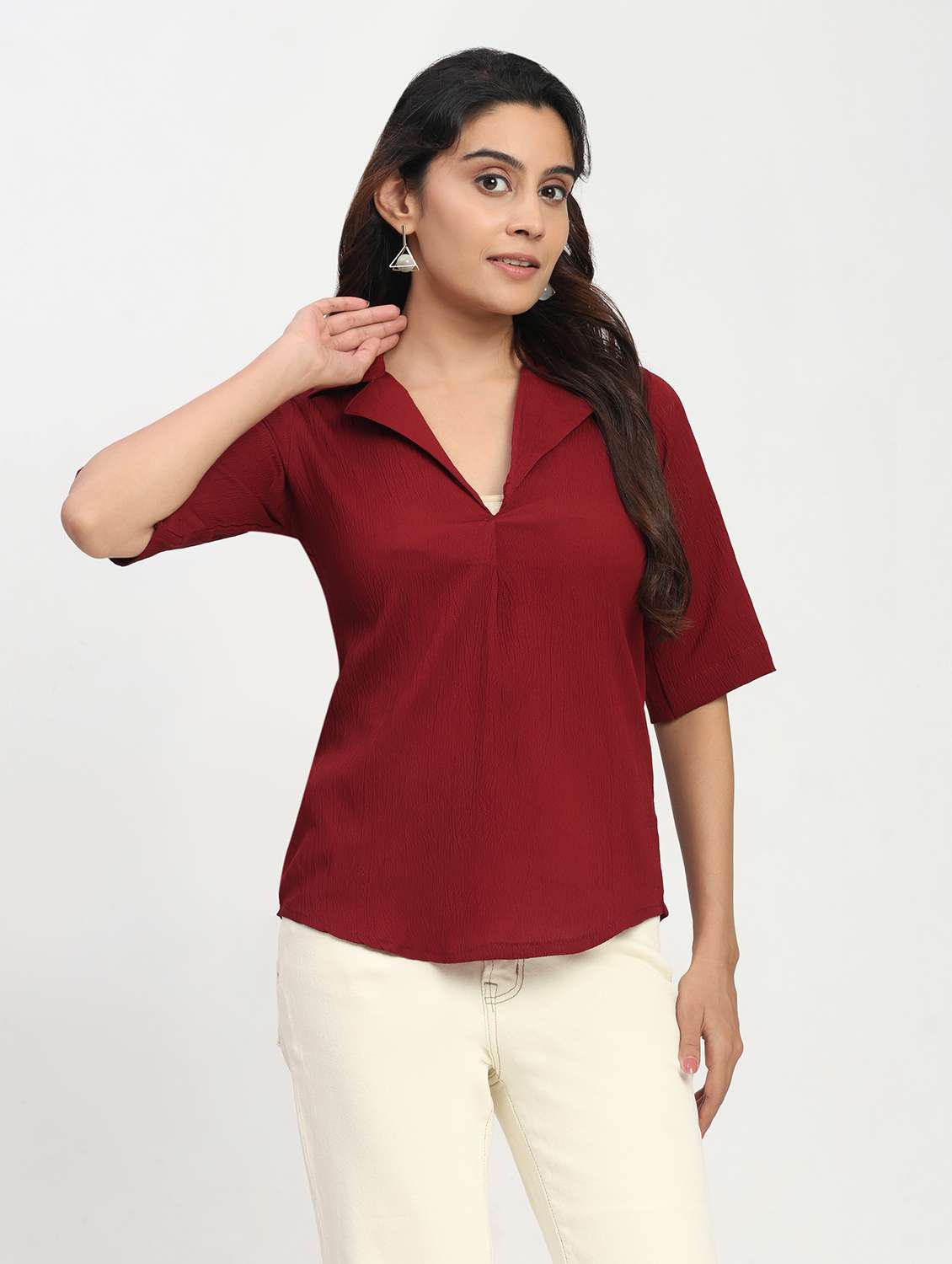 women solid short sleeve lapel collar shirt top - 22083574 - Standard Image - 1